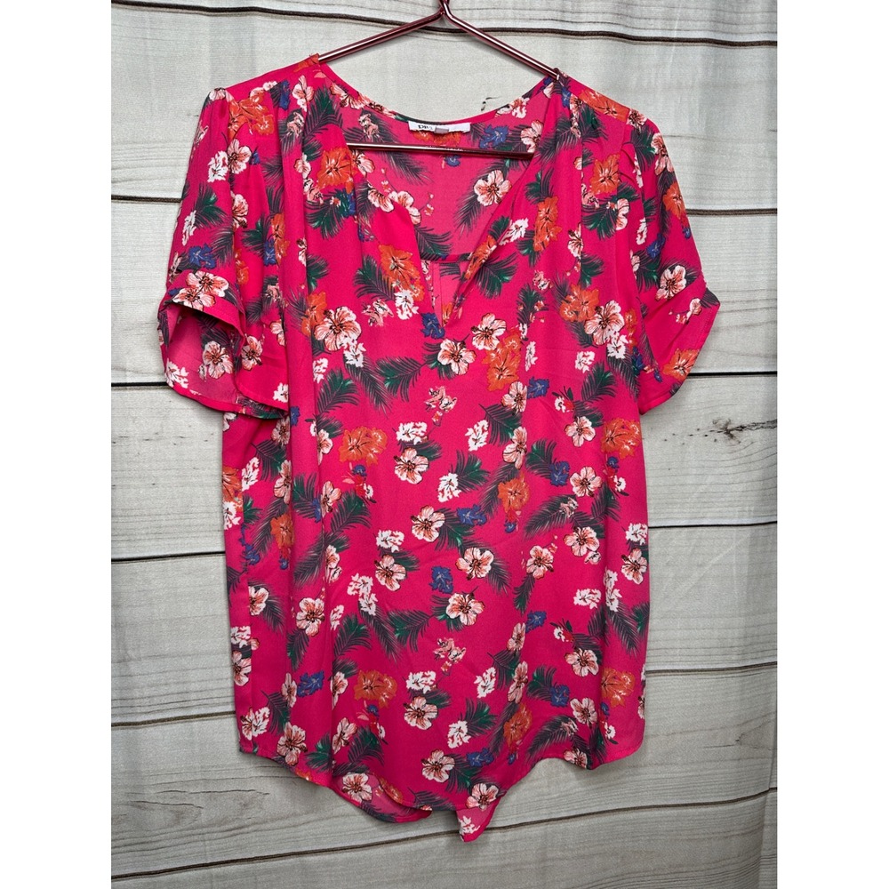 DR2 Blouse Women Large Pink Tropical Floral Split Neck Short Sleeve DR12813PR1